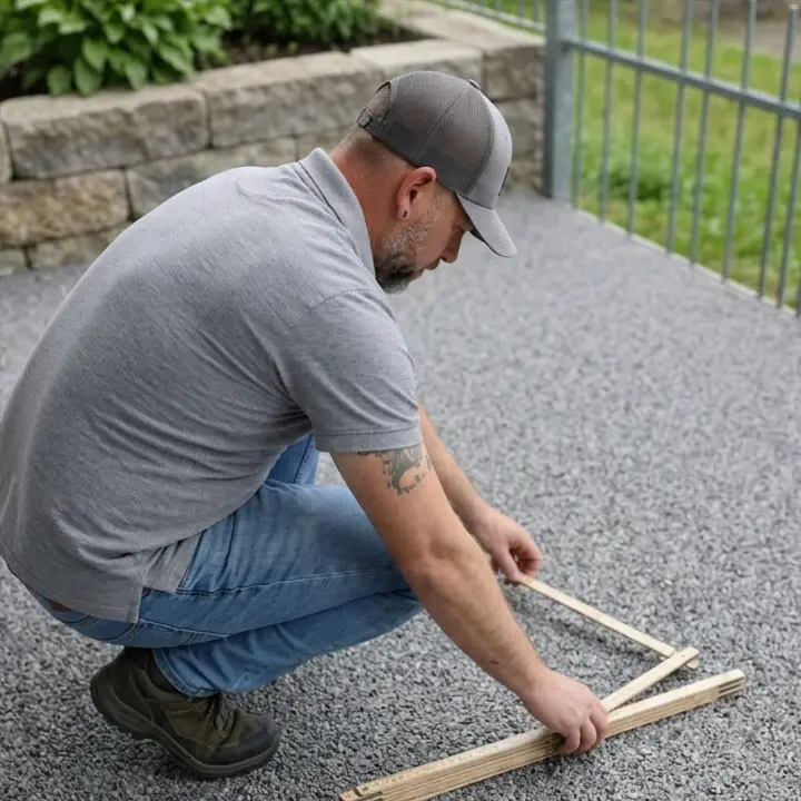 Handwerker Stefan misst den Boden präzise mit dem Zollstock aus, um die exakten Kosten für die Balkonsanierung in der Ortenau zu ermitteln.
